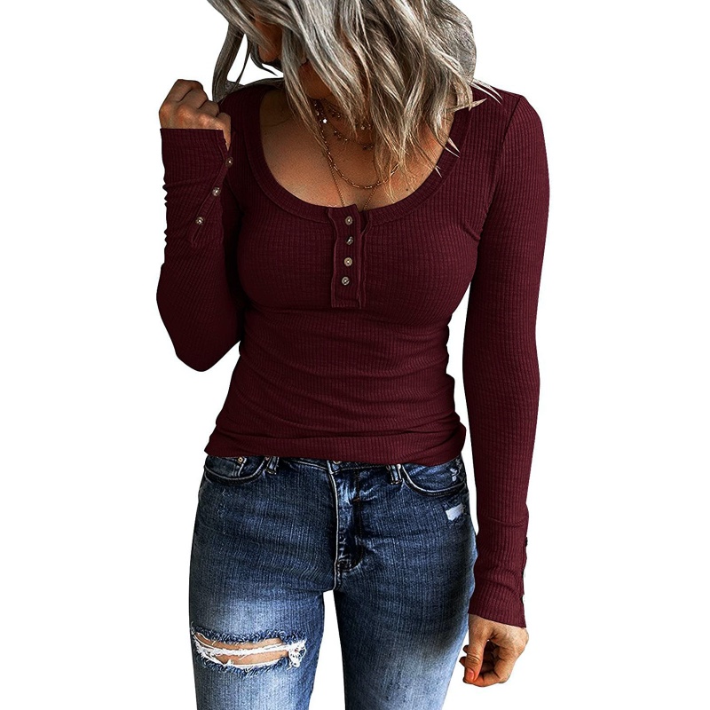 Henley Top à manches longues pour femme - Coupe ajustée - Décontracté - Automne - Chemisier boutonné - T-shirt basique en tricot côtelé