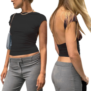 T-shirt court à manches courtes et dos nu pour femme, coupe cintrée, col ras du cou, décontracté, Y2K, été