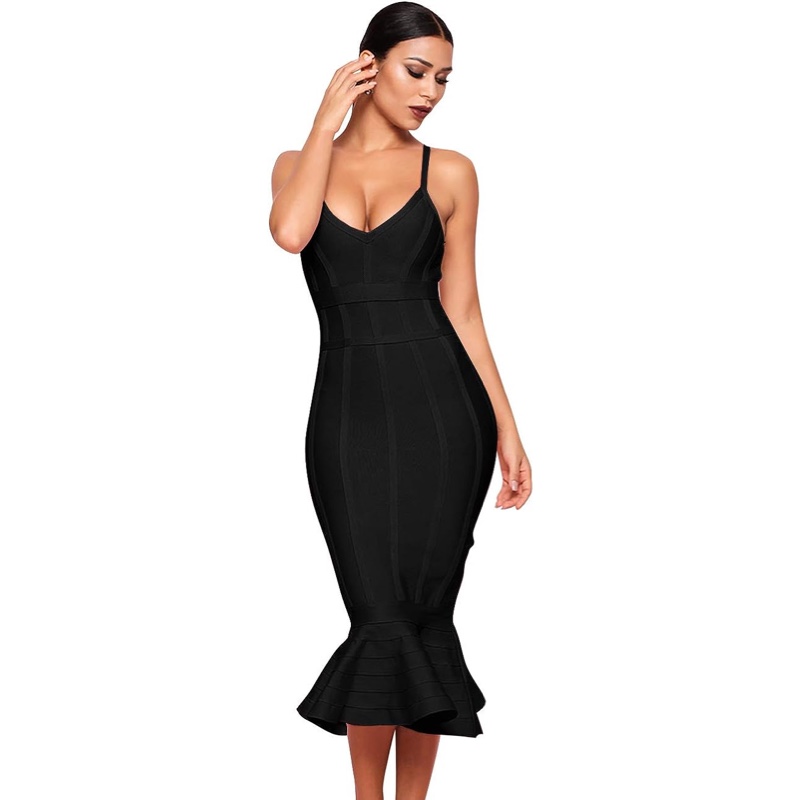 Robe de cocktail mi-longue moulante à bretelles spaghetti et col en V pour femme