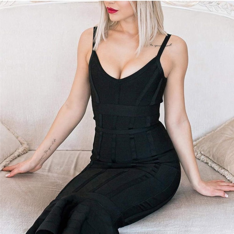 Robe de cocktail mi-longue moulante à bretelles spaghetti et col en V pour femme