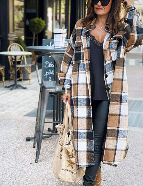 Veste de chemise longue à carreaux à manches longues pour femmes 