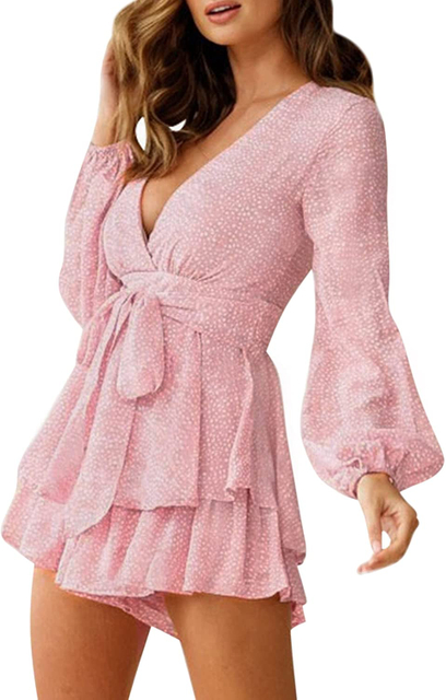 Combinaison femme imprimé fleuri col en V manches bouffantes taille cravate Double couche ourlet à volants Mini robe courte barboteuse