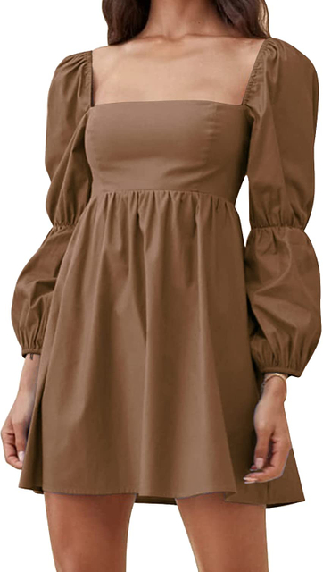 Robe à encolure carrée pour femme à manches longues bouffantes A-ligne décontractée Mini robe courte